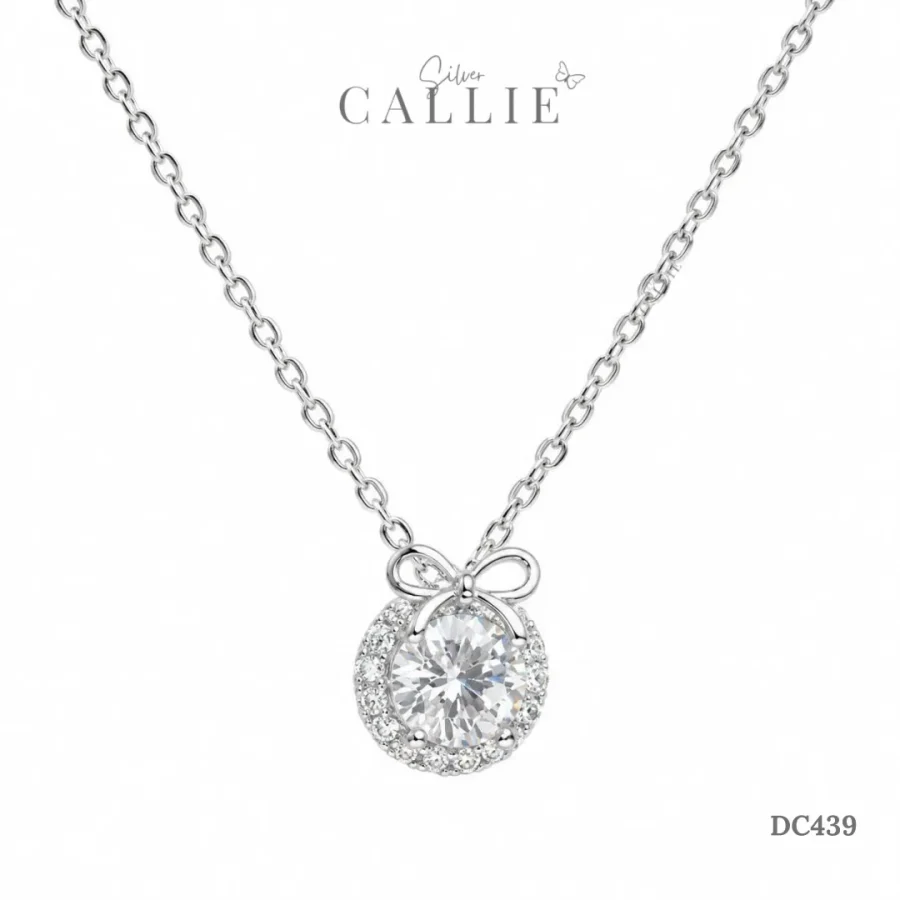 DC439 - Dây chuyền bạc Callie Silver mặt tròn đính đá và nơ xi kim