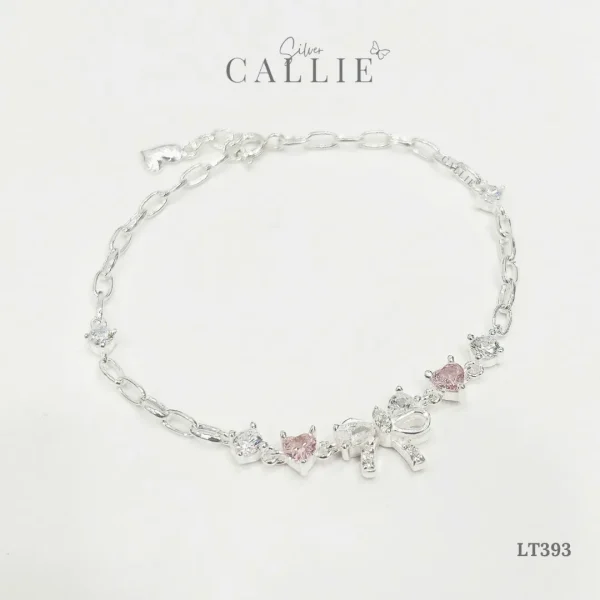 LT393 – Lắc tay bạc Callie Silver Nơ Đính Đá Và Tim Hồng Xi Kim