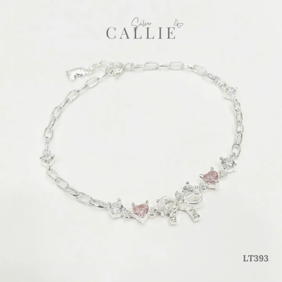 LT393 – Lắc tay bạc Callie Silver Nơ Đính Đá Và Tim Hồng Xi Kim